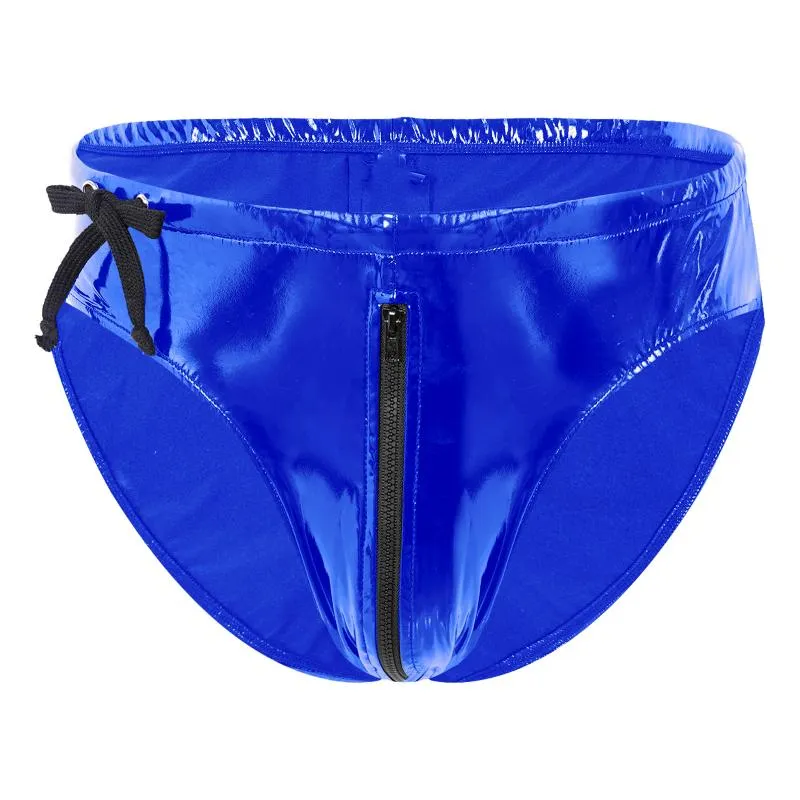 Mens Patent Leather Drawstring Low Waist Zipper Mens Leather Briefs Wet Look Night Party