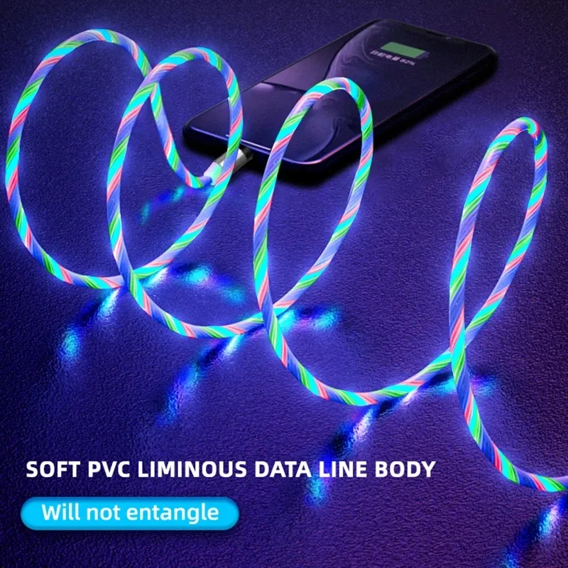 Magnetic Charging Mobile Phone Cable Flow Luminous Lighting Cord Charger Wire For LED Micro USB Type C For Universal Line