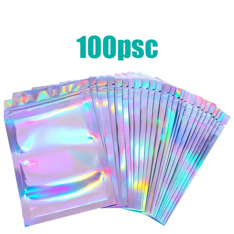 100 pièces sacs refermables anti-odeurs S/M/L sac d'emballage couleur Laser plat pour le stockage des aliments de faveur de fête