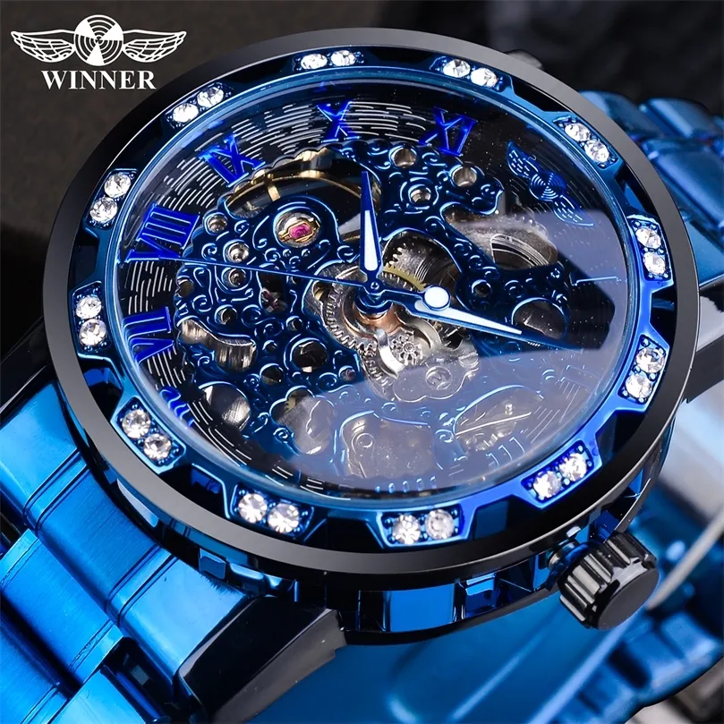 Vinnare Transparent Diamond Mechanical Watch Blue rostfritt stål Skeleton Watch Top Brand Luxury Business Luminous Male Clock 220618