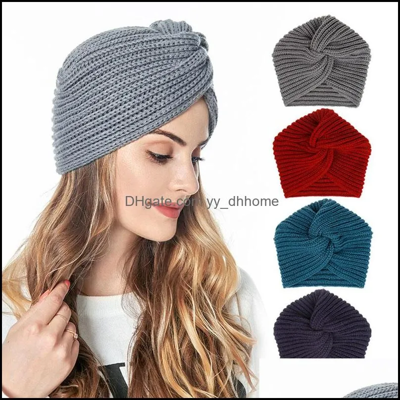 fashion winter women girl warm knitted beanie solid color turban hats headband cross head wrap caps