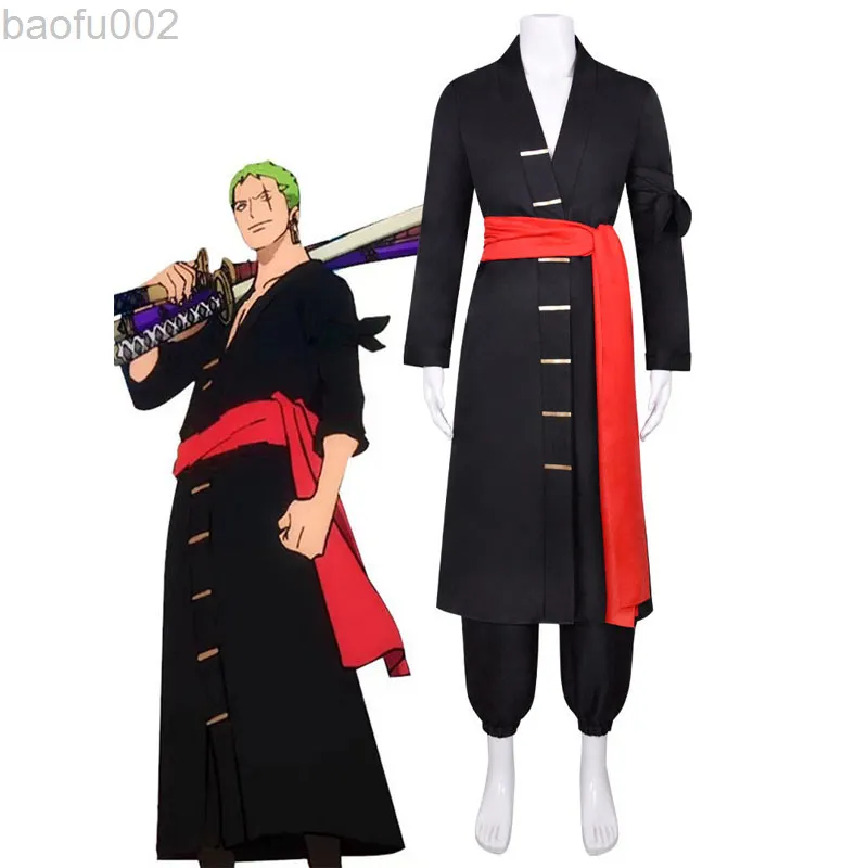 One Piece Roronoa Zoro Cosplay Come Pirate Hunter Wano Land Zoro Juurou Anime Clothes Man Black Full Outfit L220802