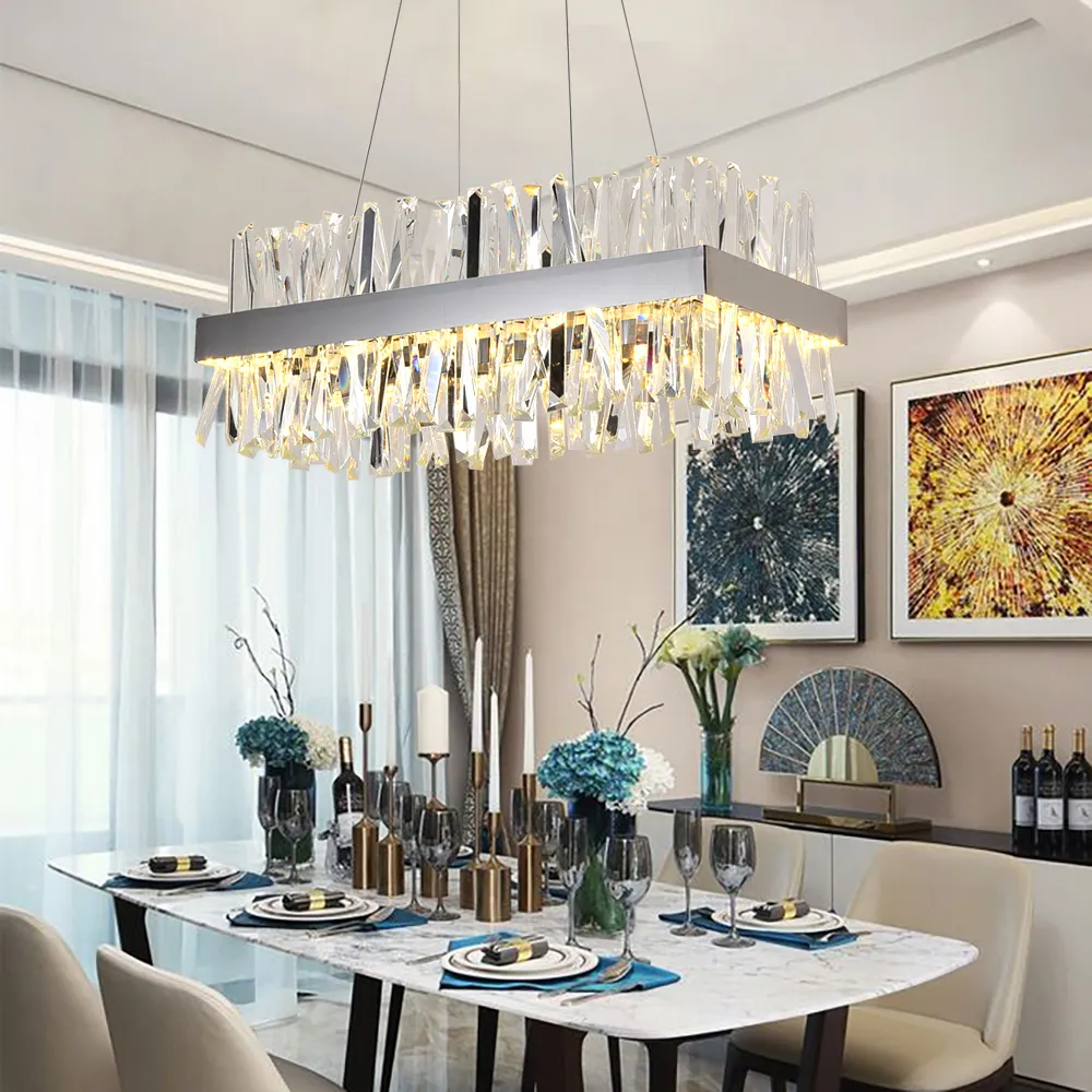 Modern Hanging Chandelier Pendant Lamps For Dining Room Luxury Rectangle Kitchen Island Crystal Lamps Chrome/Gold Led Home Decor Light Fixture