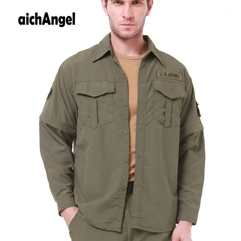 Men Shirt Removable Quick Dry Breathable Tactical Summer Travel Military Workout Long Sleeve Shirts Plus Size Men's Casual