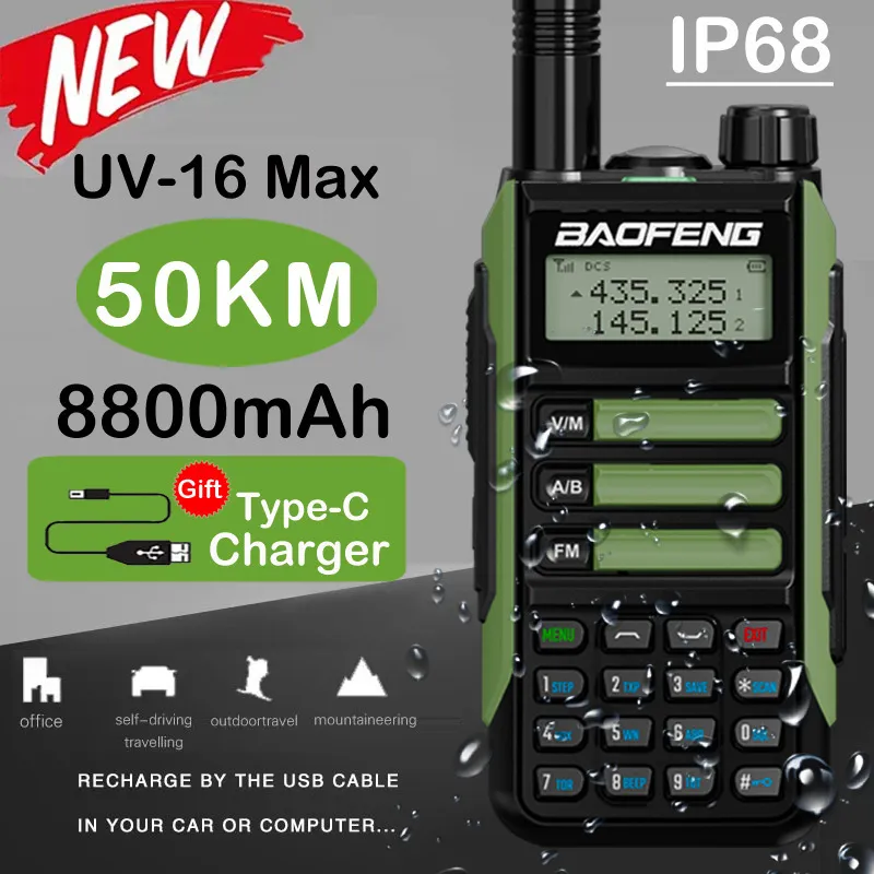 BAOFENG UV 16 MAX IP68 WATER WATER WALKIE Talkie Dual Band High Power CB Radio VHF UHF Ham 50 km de largo rango UV16S 220729
