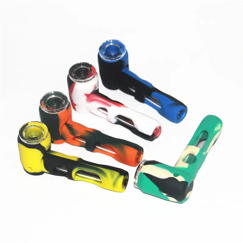 Unbreakable Flexible Silicone Smoking Tobacco Pipe Dry Herb Lepel Handpijpen met een verwijderbare glazen schotel Siliconen DAB -rigs