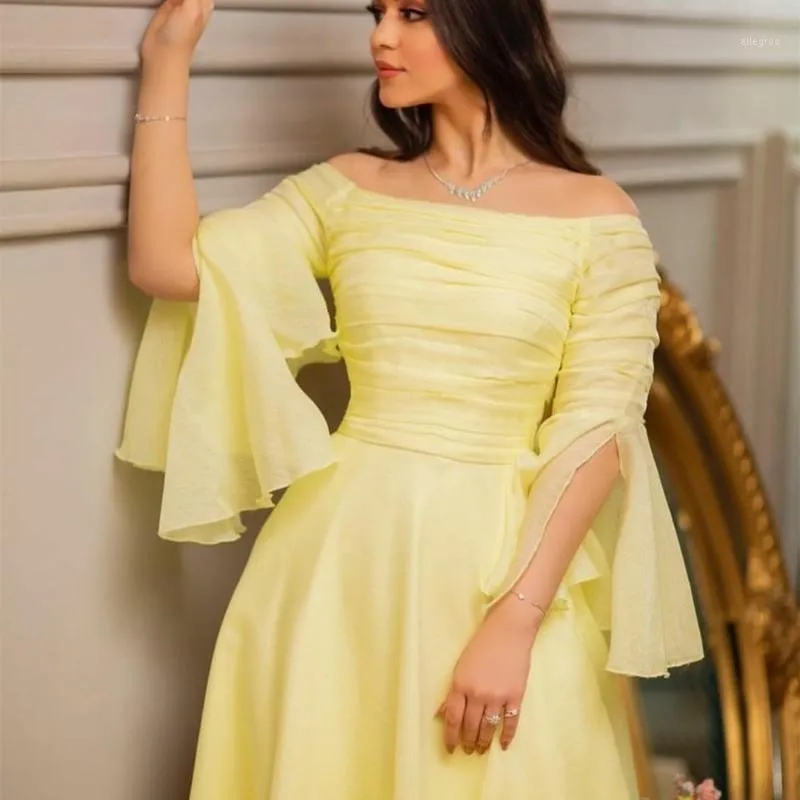 Party Dresses Elegant Long Yellow Boat Neck Chiffon Evening A-Line Pleated Floor Length Formal Gown For Women