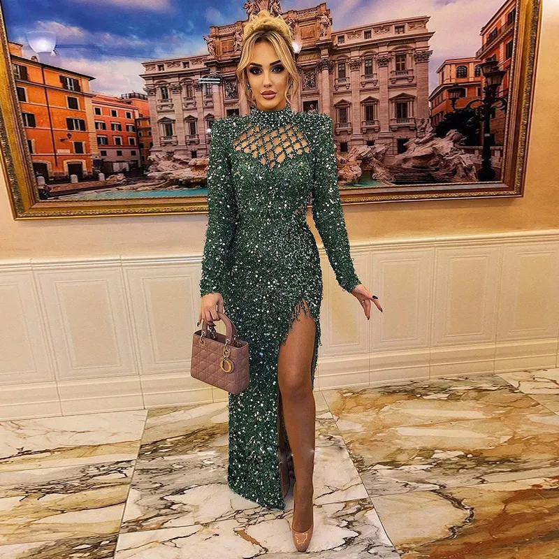 Emerald Green Side Split Prom Dress Sequined Full Sleeve Party Gown Floor Length Mermaid Prom Gowns 2022