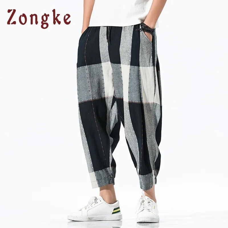 Zongke Loose Ankle Length Linen Pants Men Joggers Streetwear Harem Trousers 5XL Hip Hop Spring 220719