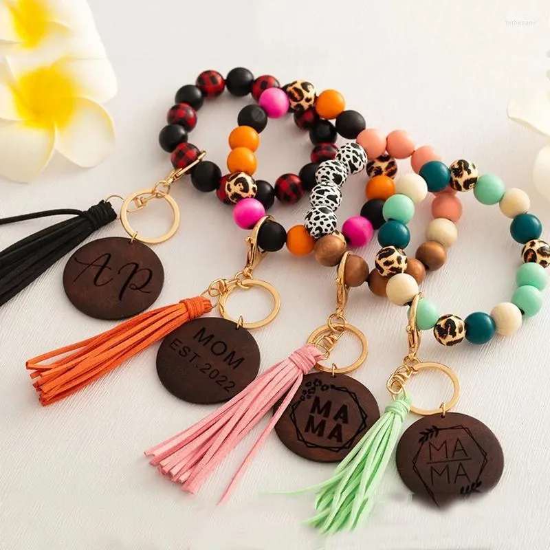 Porte-clés personnalisé maman bracelets bois perle bracelet avec garniture sculptée cadeaux de fête des mères pour les femmes guépard impression bracelet porte-clés Forb22