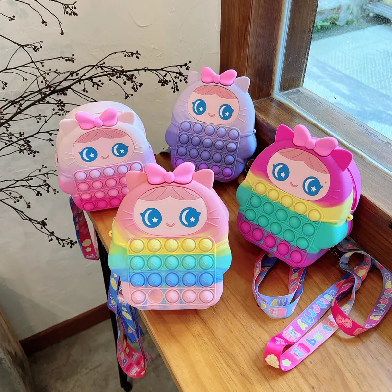 Pop Bubble Fidget Toy Cute Cartoon Silicone Girl Backpack Sacs de rangement pour enfants Rainbow Tiedye School Bag Toy