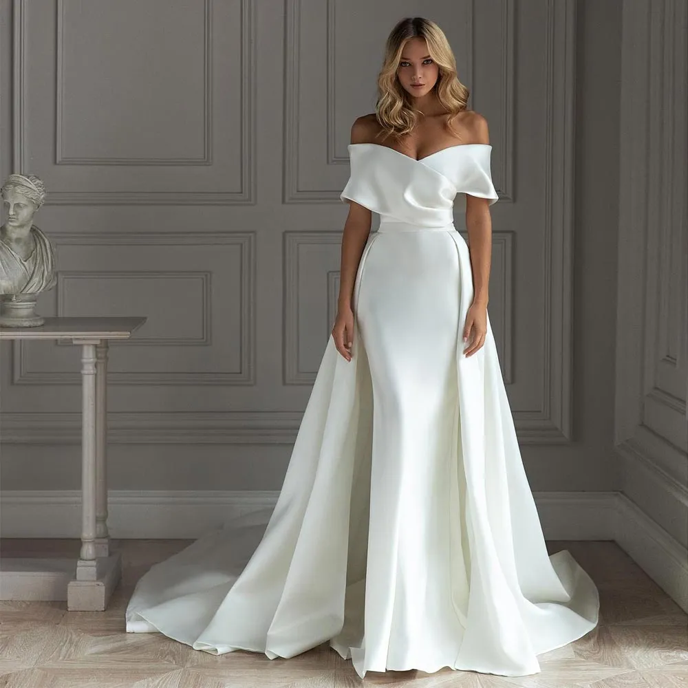 Robes De Mariée Sirène Élégantes Avec Train Détachable De L'épaule Cou Plus La Taille Robes De Mariée Satin Robe De Novia