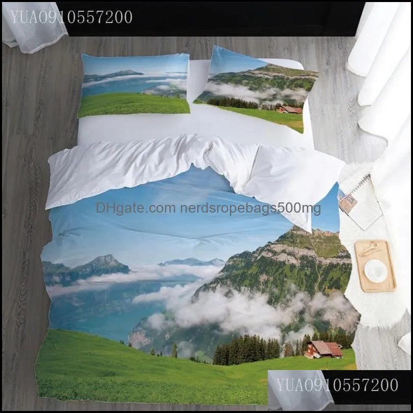 Sängkläder set leveranser hem textilier trädgårdar annonser mjuk uppsättning 2/3 datorer 3d tryckning täcke er naturligt landskap enstaka dubbel quilt sovrum säng li
