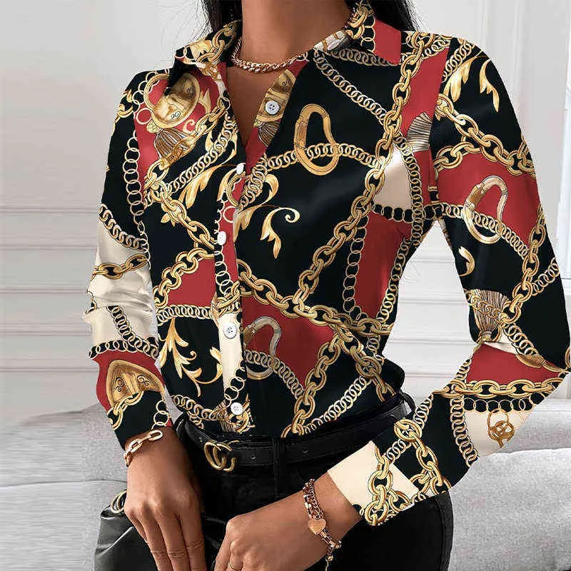 Moda zinciri leopar baskılı bayan ofis gömlek zarif dönüş yakalı bluz gündelik düğme uzun kollu yeni sonbahar kadınlar