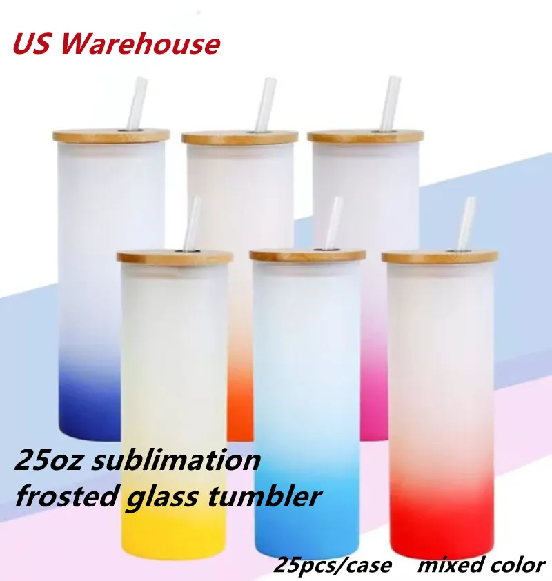 US Warehouse 25Oz Sublimation Straight Gradient Glass Tumbler Frosted Water With With Bamboo Lid Straw Diy Beer Mugs Coffee Cups B6