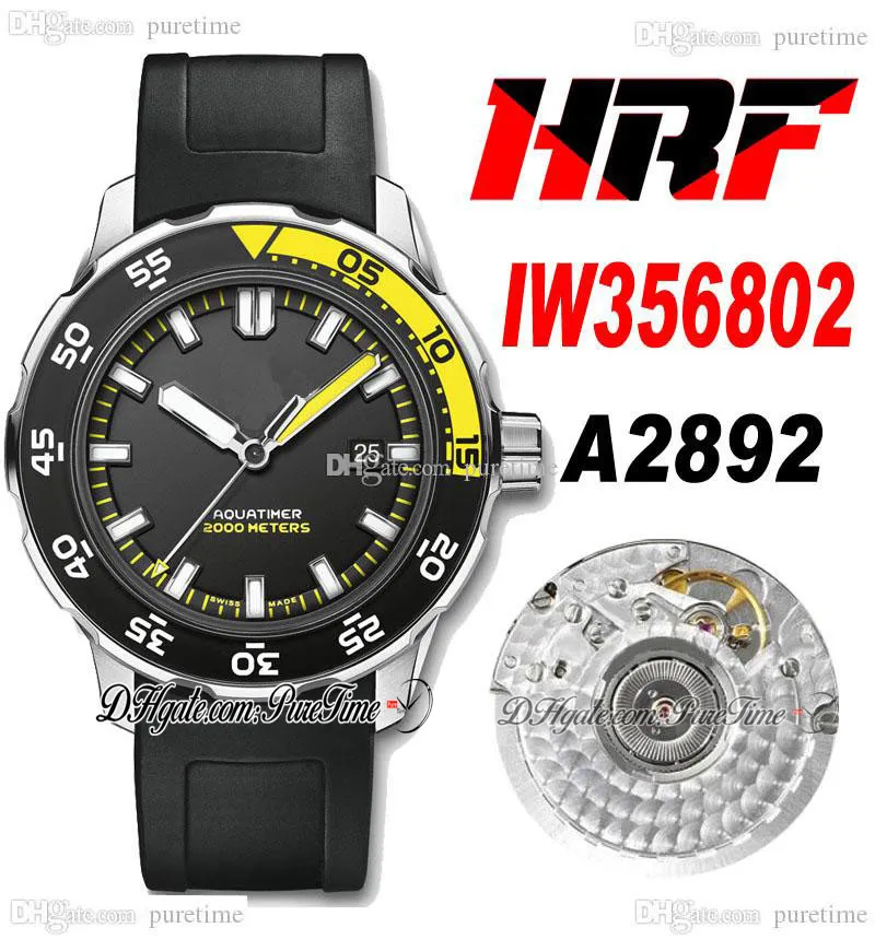 HRF Aquatimer 2000 IW3568 A2892 자동 망 시계 44mm 스틸 케이스 블랙 옐로우 다이얼 화이트 스틱 마커 고무 스트랩 슈퍼 에디션 PURETIME B2