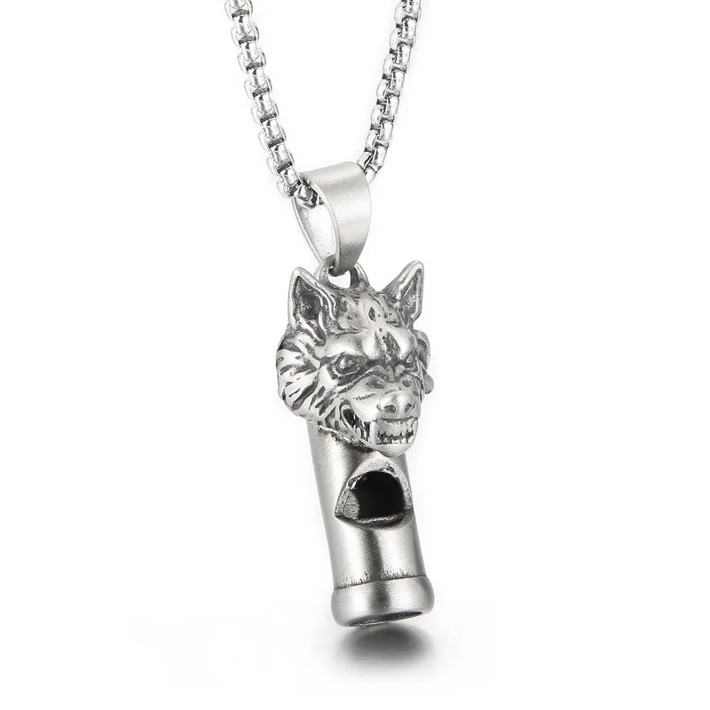 Gothic Wolf Head Whistle Necklace Pendant Casting Stainless Steel Rolo Chain Jewelry For Mens Boys Cool Gifts Silver Polished Bling 3mm 24 Inch