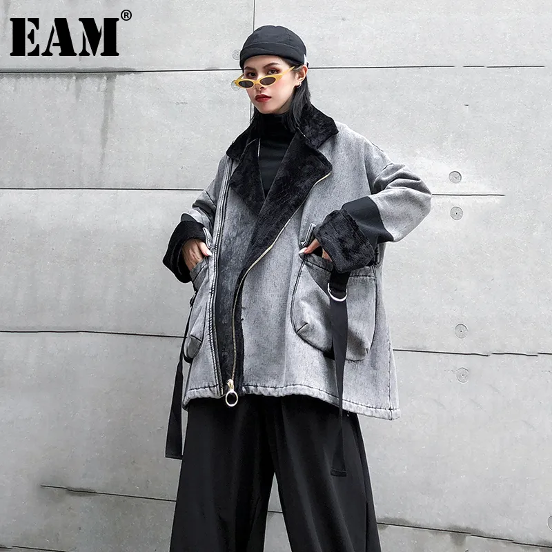 EAM LOOST FIT GRￅ denim med Velet Big Size Jacka Lapel L￥ng￤rmad kvinnor Coat Fashion Autumn Winter 1DC386 201029