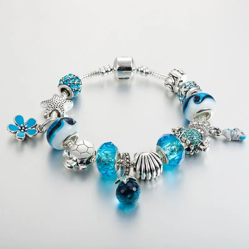 Charm Bracelets Enamel Starfish Charms & Bangles Fine Silver Color Blue Crystal Murano Beads Bracelet For Women B16194Charm