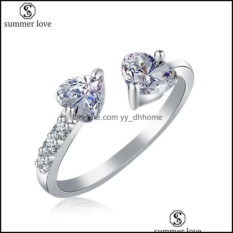 Bande Anneaux Bijoux Deux Coeur Opposé Zircon Anneau Réglable Ouverture Commerce Extérieur Meilleure Vente Couple Pour Les Femmes Weddi Dhfun