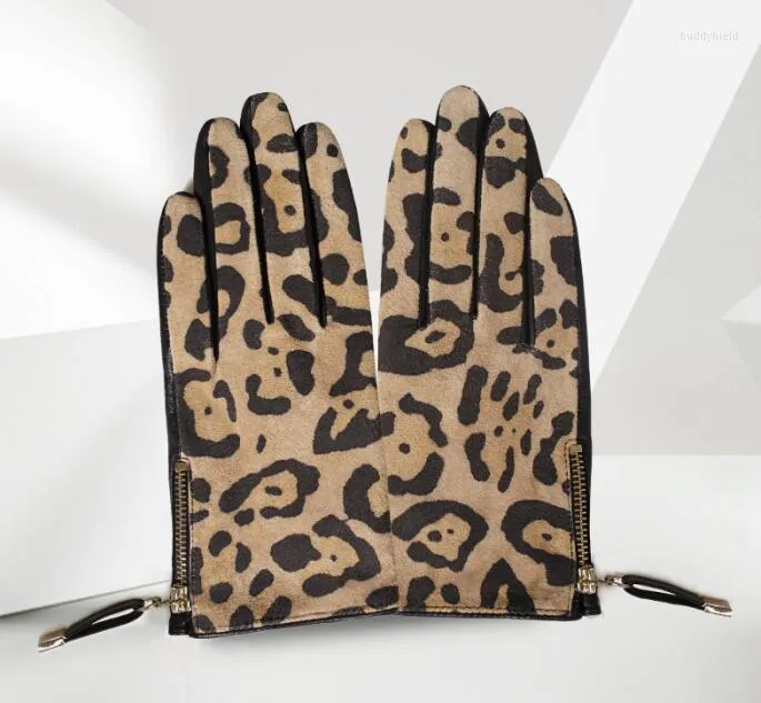 Fem fingrar handskar kvinnor'a naturliga fårskinn läder leopard tryck kör handskar lady's mode äkta mocka blixtlås motorcykel r617