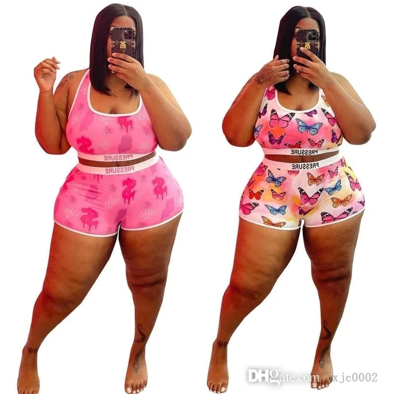 Plus Size XL-5XL Tracksuits For Women Summer Sexy Sleeveless Crop Tank Top And Shorts Yoga Outfits 2 Piece Set Sportwear