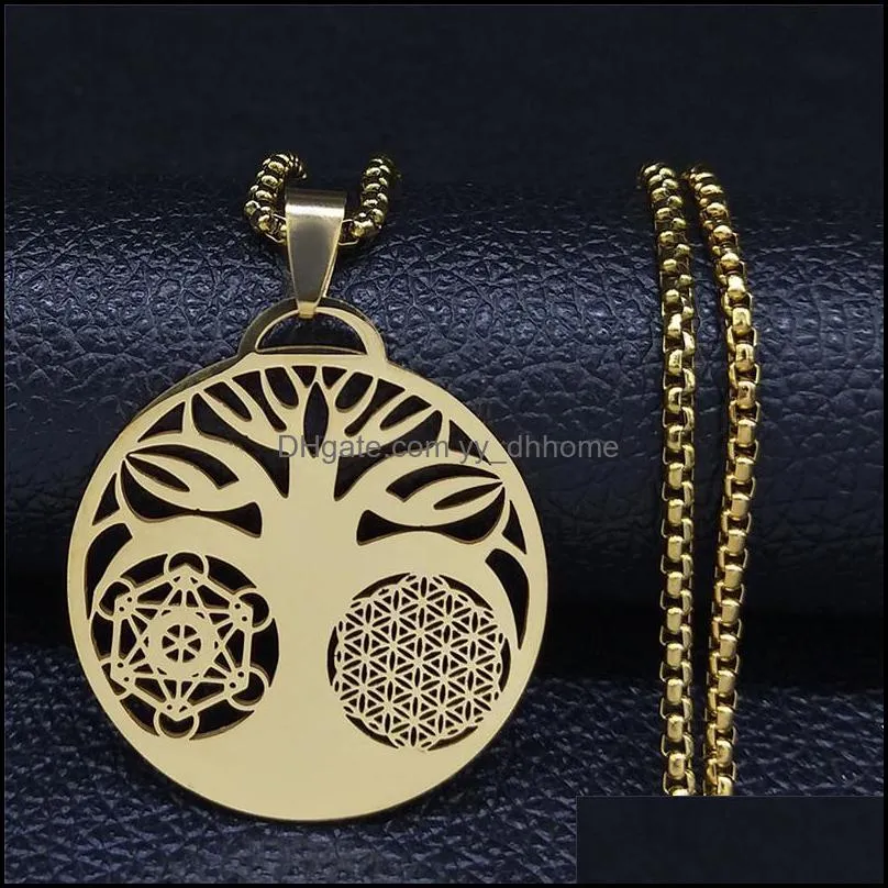 Pendentif Colliers Pendentifs Bijoux Yoga Arbre De Vie Fleur Collier En Acier Inoxydable Femmes Or Couleur Déclaration Joyeria Acero Inoxidable N