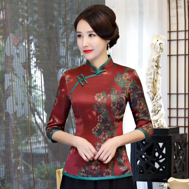 Kvinnors Blusar Skjortor Mode Kinesisk Kvinnor Skjorta Polyester Silk Tops Mandarin Collar Blouse Lady Kläder Cheongsam Klänning Blommor Top s