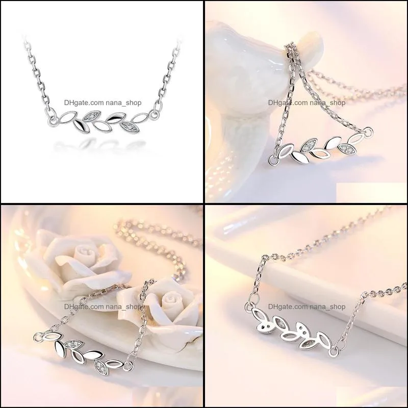 S925 Sterling Silver Horse Eye Olive Branch Leaf Shape Pendant Necklaces Women Fashion Jewelry