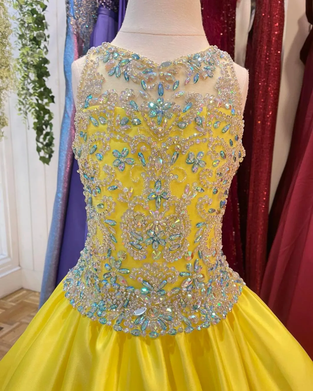 Yellow crystal bra Pageant Dress 2022 with AB Stones, Beading Bodice, Satin Fabric, High Neck, and Zipper - Perfect for Little Girls' Birthday, Formal