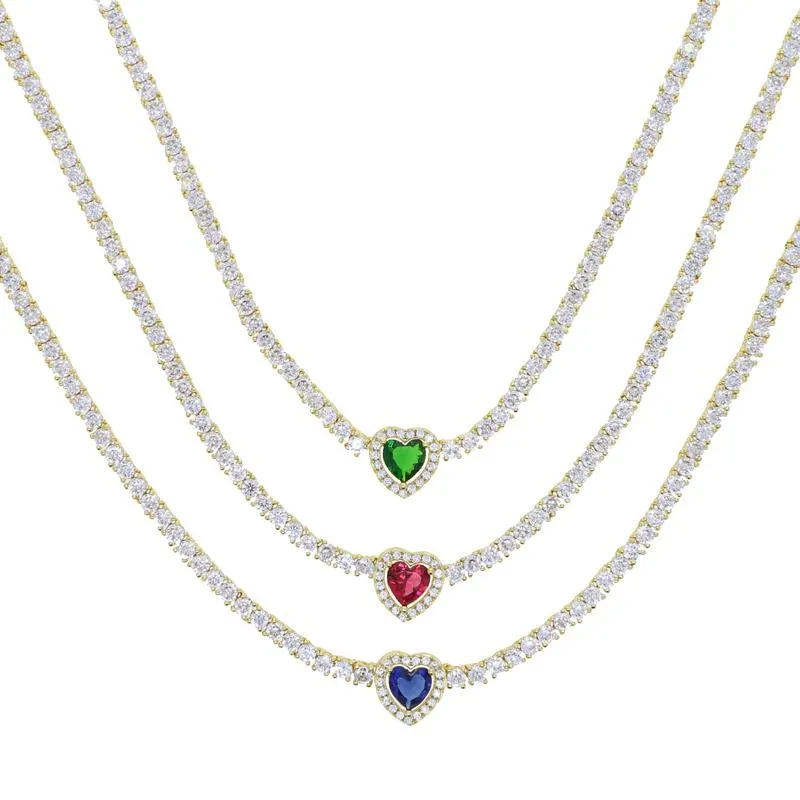 Chaînes Glacé Bling CZ Tennis Chaîne Coeur Charme Collier Ras Du Cou 16 "Coloré De Luxe Femmes Bijoux Or PlaquéChaînes