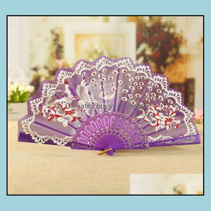100pcs spanish victorian hand fan floral fabric embroidered peacock tail dance fans party supplies for gift sn3140