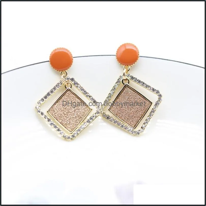 Dangle & Chandelier Inlay White Rhinestone Orange Coffee Color Dripping Oil Hollow Out Square Earrings Vintage Women Jewelry S925