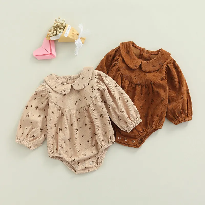 女の赤ちゃん春の秋の服ロングスリーブ綿コーデュロイフローラルプリントロンパージャンプスーツプレイスーツ生まれた服220525
