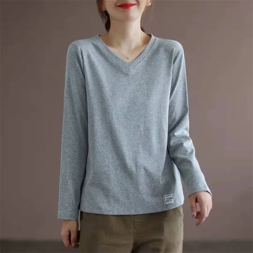 Jesień 100% Bawełna T Shirt Kobieta Z Długim Rękawem Koreański Styl Oversized T-shirt Loose Plus Size Women S 220402