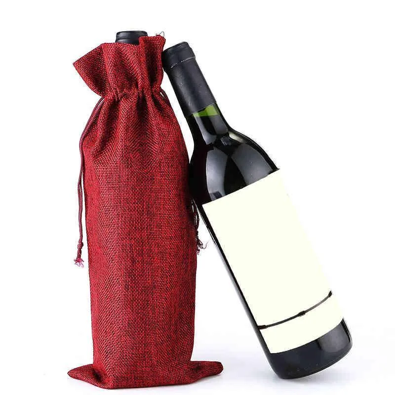 Red Wine Bottle Cover Gift Champagne Pouch Burlap Packaging Bag Party Decoration