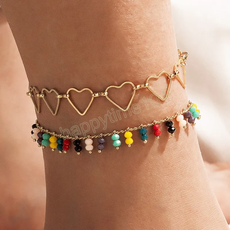 Hohle Herz Gold Farbe Doppel Schichten Bunte Kristall Fußkettchen Frauen Sommer Strand Schmuck