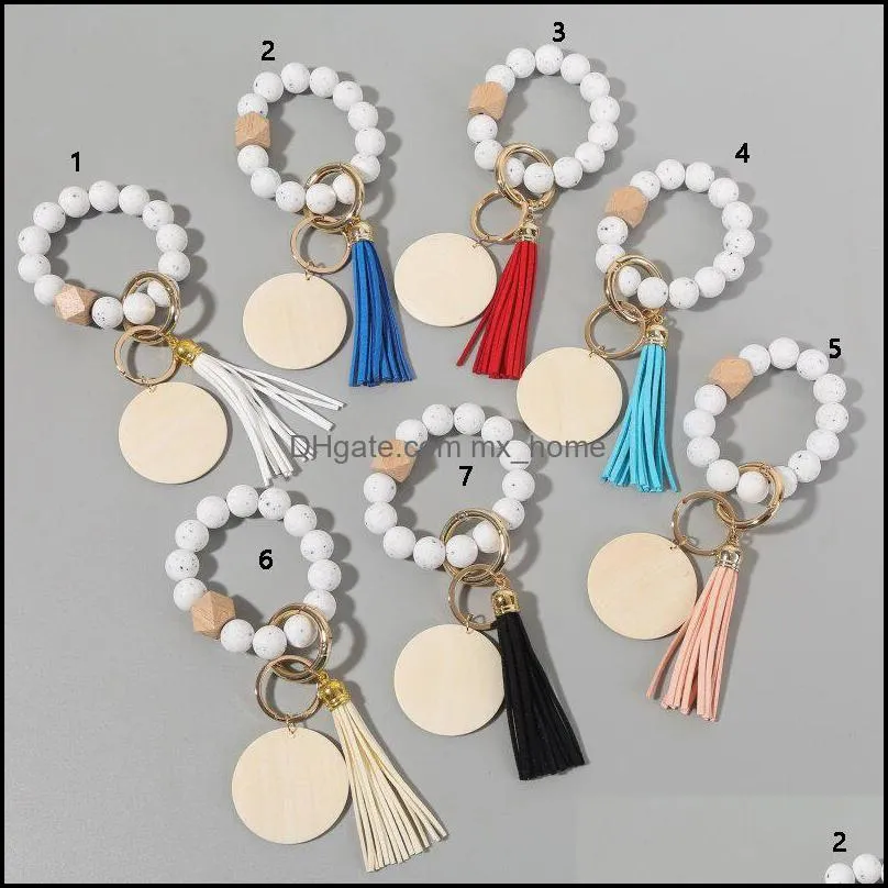 jewelry 7 colors wooden tassel bead string bracelet keychain silicone beads bracelets women girl keyring wrist strap z5958