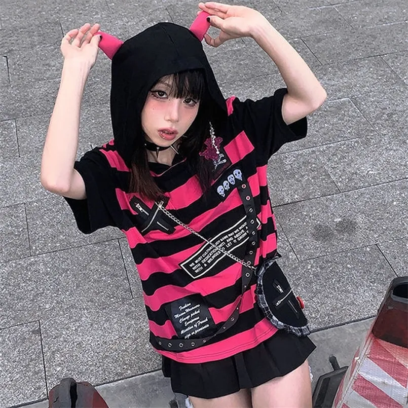 Maglietta in stile emo estate goth a strisce grafica tee y2k anni 2000 egirl grunge punk black diavolo orecchie con cappuccio da cappuccio donna gotica alt abiti 220524