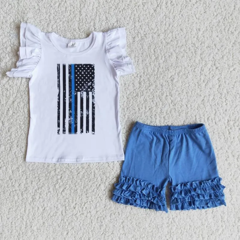Roupas Conjuntos de roupas Kid de atacado 4 de julho Boutique Summer Setra Children camada camisa de dupla camada azul shorts de babado sólido