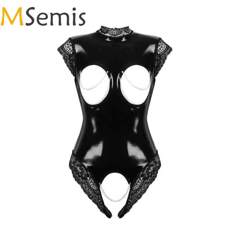 Womens Lingerie Hot Bodysuit Ondergoed Open Borst Crotchless Lace Getrimd Open Cup Tepels Gat Lakleer Sexy Mujer Puta H220425