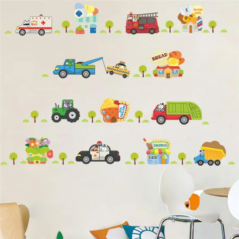 Wall Stickers Cartoon Tractor Truck Ambulance Cars For Kids Room Baseboard Decoration Diy Home Decals Creative Mural ArtWall