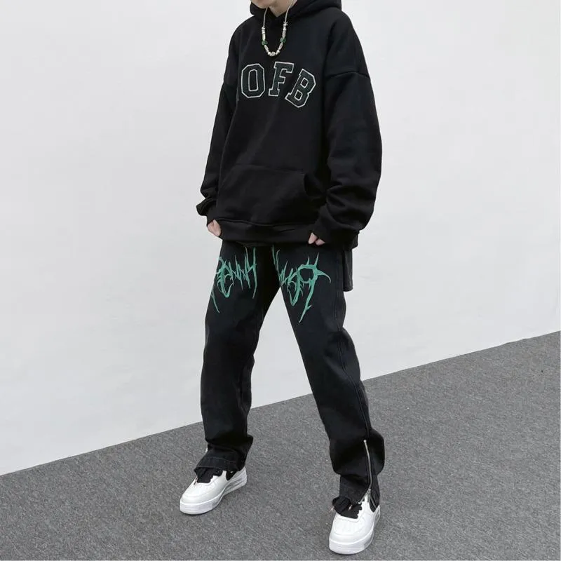 Jeans da uomo Y2K Stampato Baggy Men 2022 Streetwear Hip Hop Zipper Denim Pantaloni Retro Boyfriend Egirl Pantaloni dritti