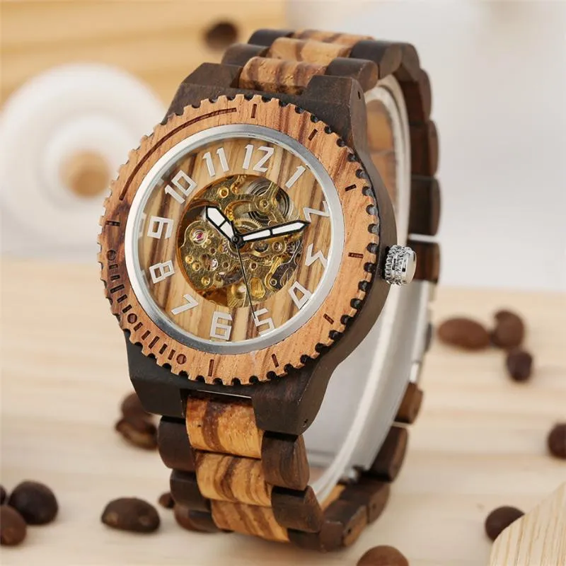 Wristwatches Automatic Wood Clock Men's Watch Luxury Wooden Bangle Watchband Arabic Numbers Display Self Winding Mechanical Mens Watches