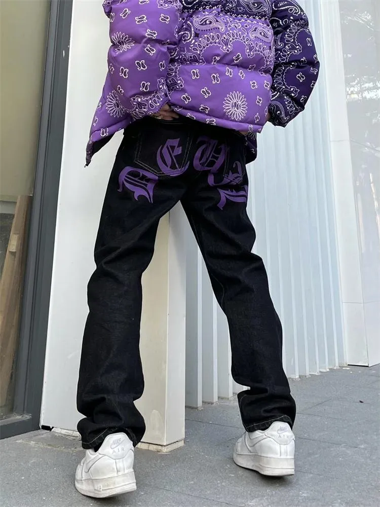 Jeans da uomo Jeans da uomo in stile Y2K con decorazioni floreali in vita, pantaloni streetwear casual oversize, stampa di lettere hip-hop punk, stile Harajuku a gamba dritta