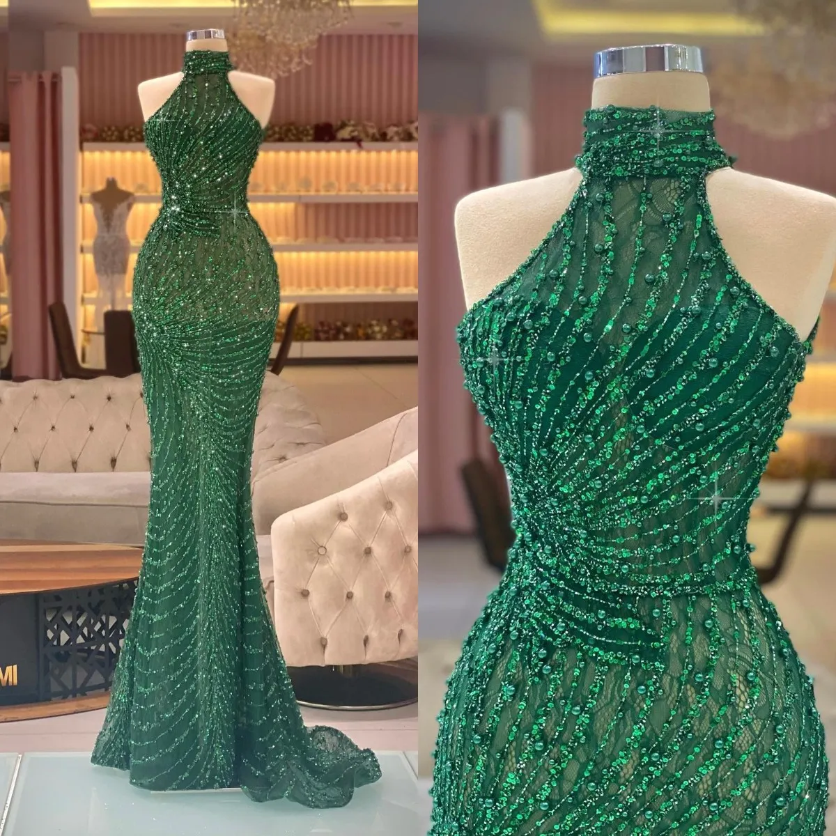 Luxury Beading Mermaid Prom Dresses Dark Green Sequined Evening Dress High Neck Black Girls Party Gowns