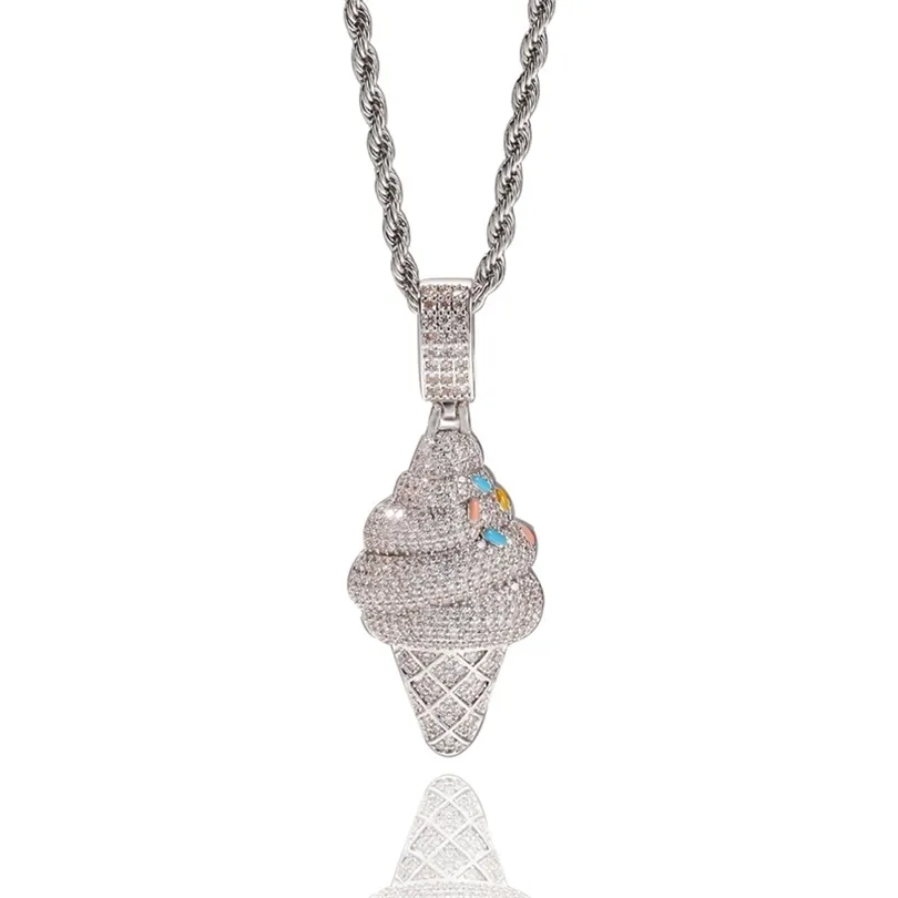 Hip Hop AAA Cubic Zirconia Bling Iced Out Silver Color Ice Cream Pendants Necklace for Men Women Fashion Jewelry Drop Shipping 201014