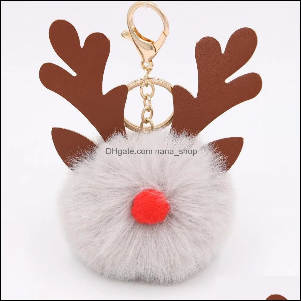 Cute Fashion Christmas Plush Elk Key Ring Women`s Car Handbag Pompom Keychains Pendant Tree Decoration