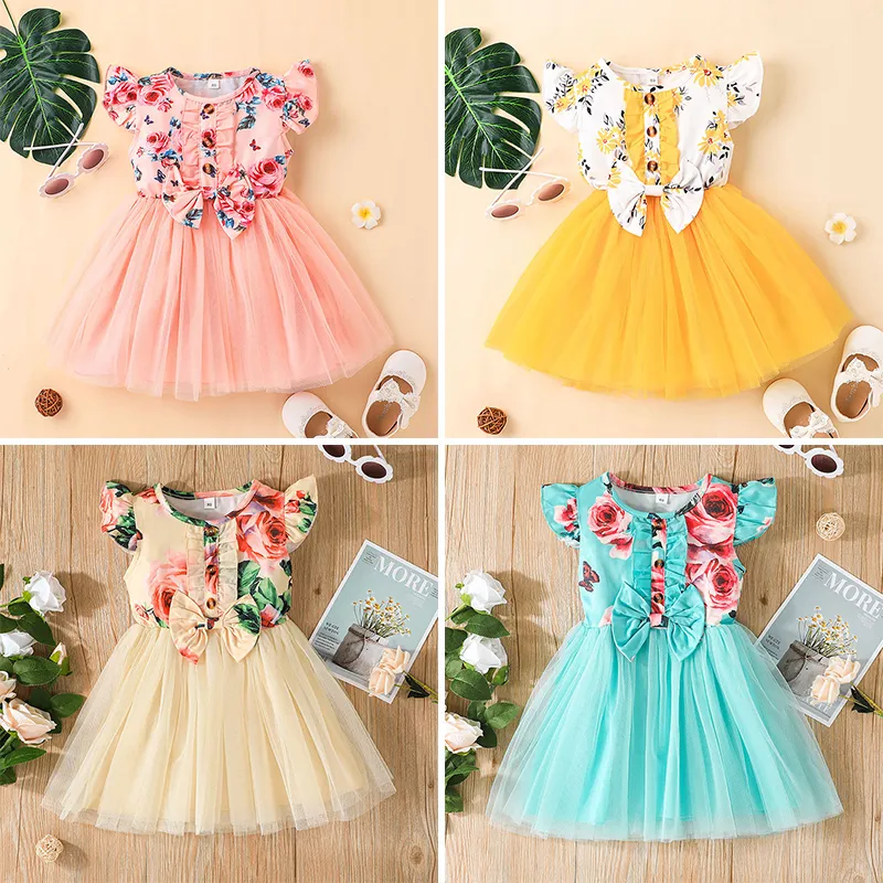 Summer Toddler Infantil Baby Girls Lace Flower Dress Fashion A-Line Baby Girl Bowknot Tutu Skirt Dresses Kids Clothes