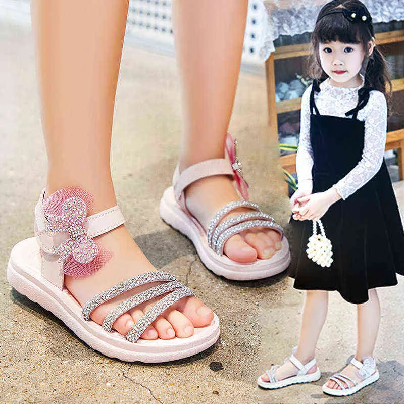 Sandali open-toe moda per bambini 2022 Estate nuove ragazze coreano PU strass farfalla bambini vestono scarpe per spettacoli di nozze festa G220523